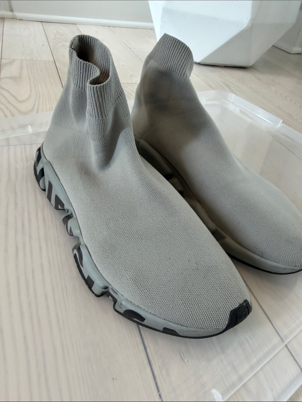 Balenciaga Men's Light Gray Knit Sock Sneakers with Patterned Sole